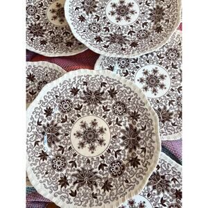 VTG Dishes Brown Transferware Luncheon Plates Floral Thanksgiving